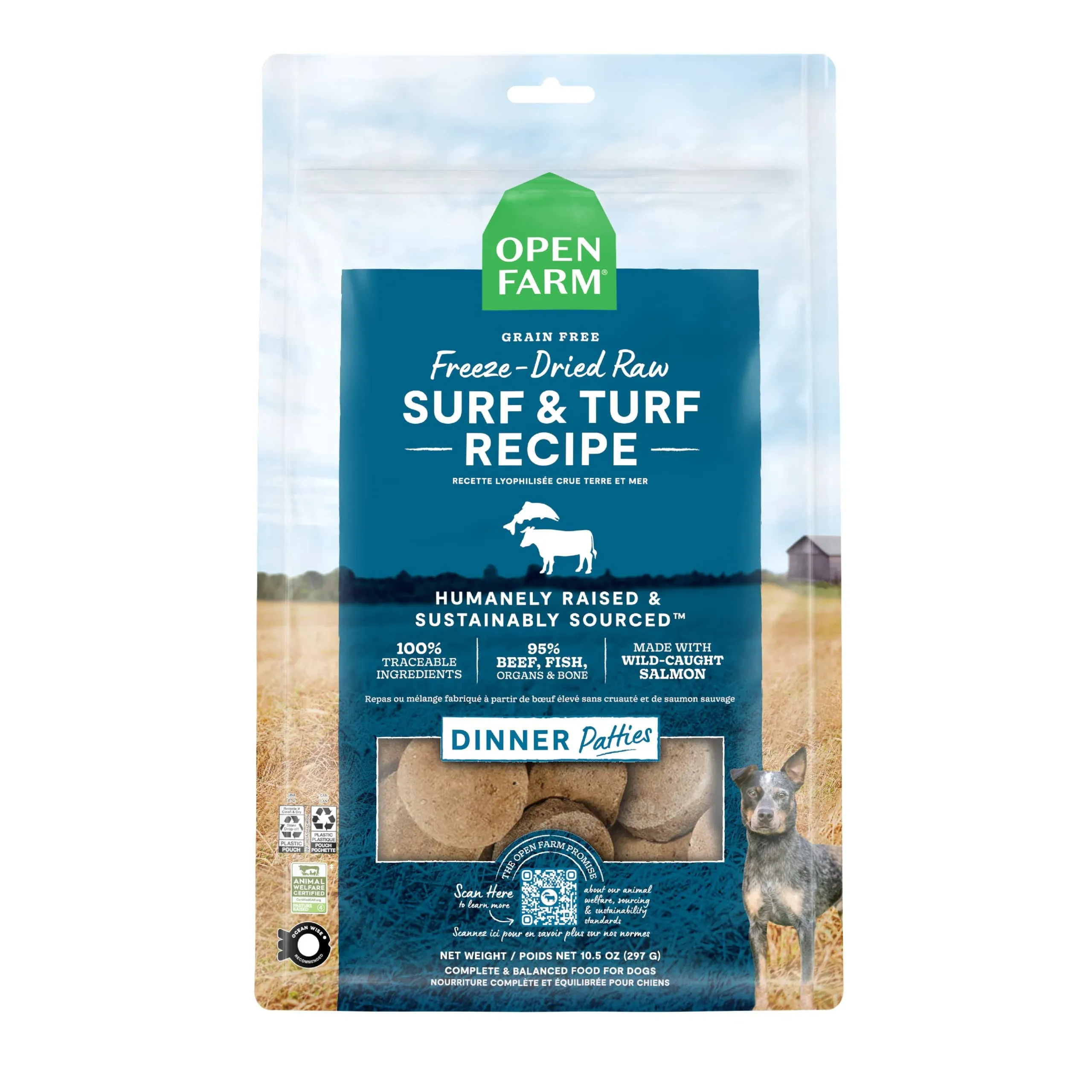 Open Farm Freeze Dried Raw Patties for Dogs, Humanely Raised Meat Recipe with Non-GMO Superfoods and No Artificial Flavors or Preservatives, Surf and Turf Recipe, 10.5oz