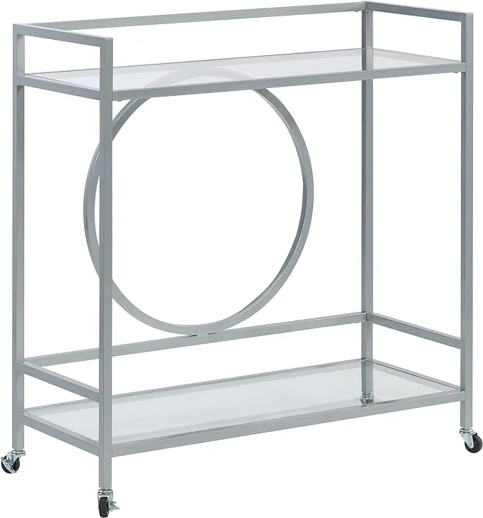 Sauder International Lux Rolling Glass & Metal Bar Cart in Silver