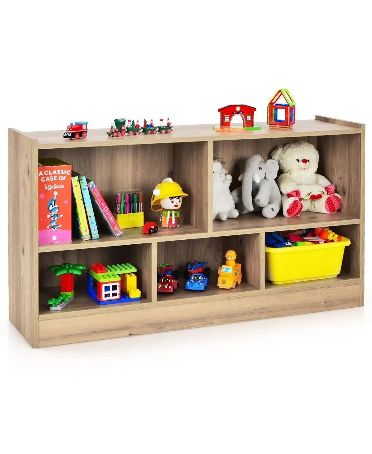 Kids 2-Shelf Bookcase 5-Cube Wood Toy Storage Cabinet Organizer Natural