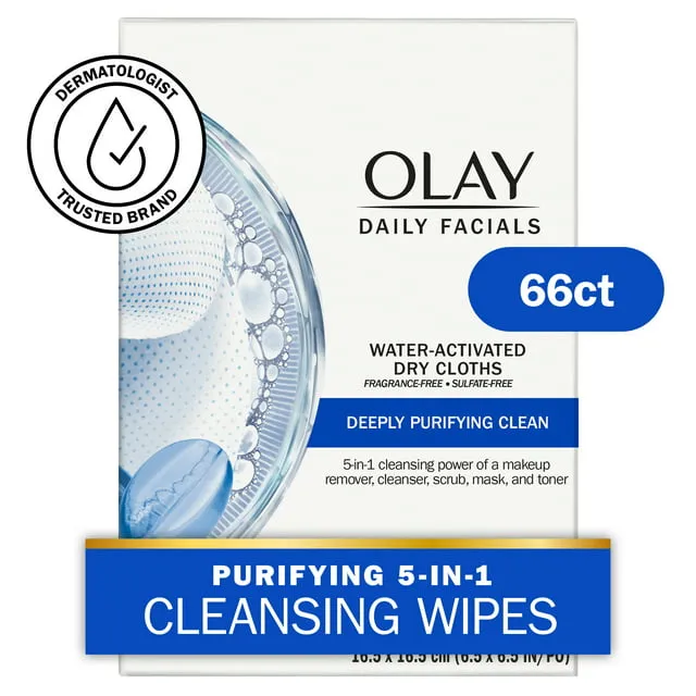 Olay Daily Facials Deeply Purifying Cleansing Cloths, Fragrance-Free, Everyday Care, All Types, 66 Ct