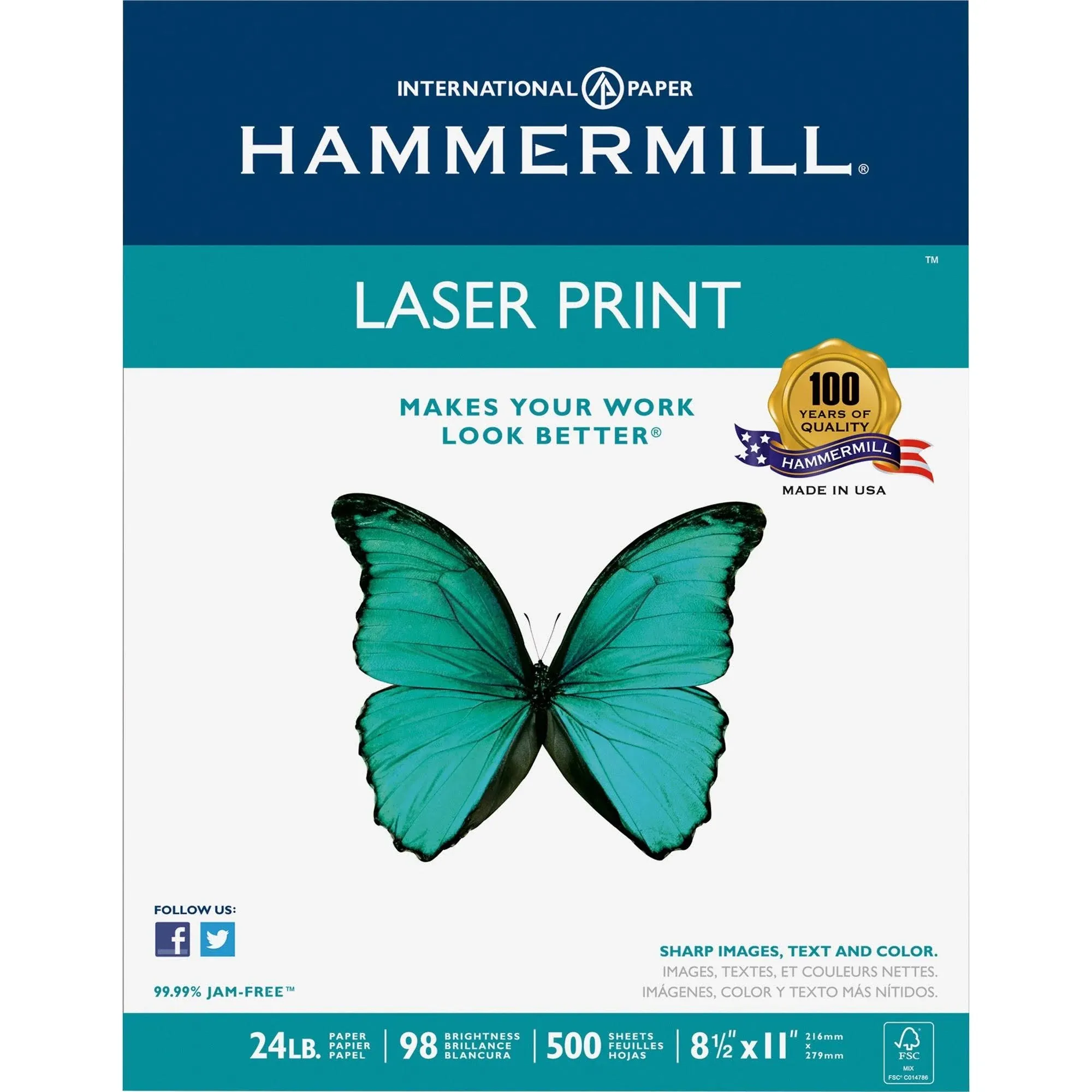 Hammermill Premium Laser Print Paper, 98 Bright, 24lb, 8.5 x 11, White, 500/Ream