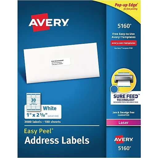 Avery Easy Peel Laser Address Labels, 1" x 2-5/8", White, 30 Labels/Sheet, 100 Sheets/Box, 3000 Labels/Box (5160)