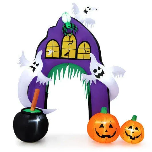 COSTWAY 9 Ft Tall Halloween Inflatable Castle Archway Decor w/Spider Ghosts & Built-in Lights