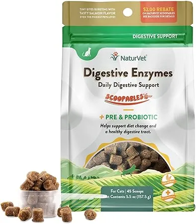 NaturVet Scoopables Cat Digestive Support - Digestive Enzymes for Cats with Probiotic - Supports Diet Change, Sensitive Stomachs & Healthy Digestive Tract - Salmon Flavored | 5.5oz Bag