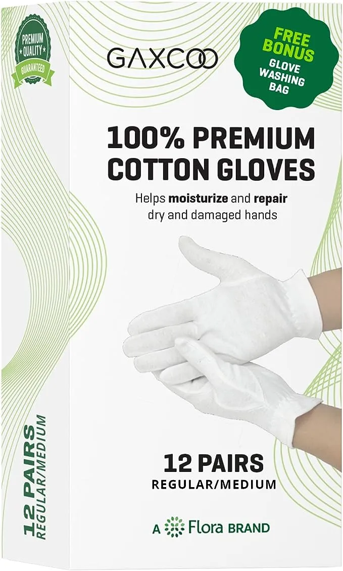 Gaxcoo Cottonnerie Medium 1 Pair 100% Premium Cotton Moisturizing Gloves for Dry Hands & Eczema | Overnight Lotion & Spa Treatment for Women & Men | Reusable, Free Washing Bag - Packaging May Vary