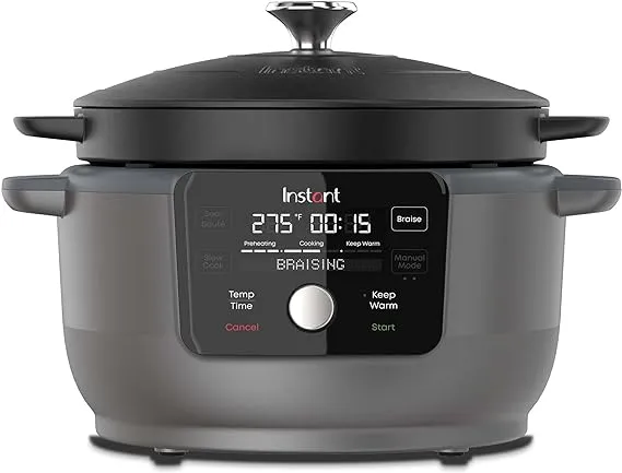 Instant Electric Round Dutch Oven, 6-Quart 1500W, From the Makers of Instant Pot, 5-in-1: Braise, Slow Cook, Sear/Sauté, Food Warmer, Cooking Pan, Enameled Cast Iron, Included Recipe Book, Red