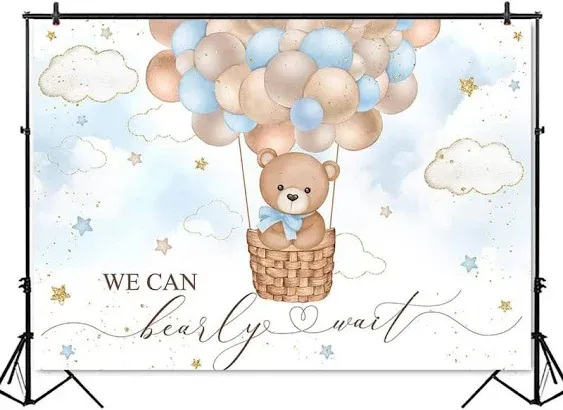 Blue Bear Hot Air Balloon Backdrop Boy Bear Balloons Baby Shower Background We ...