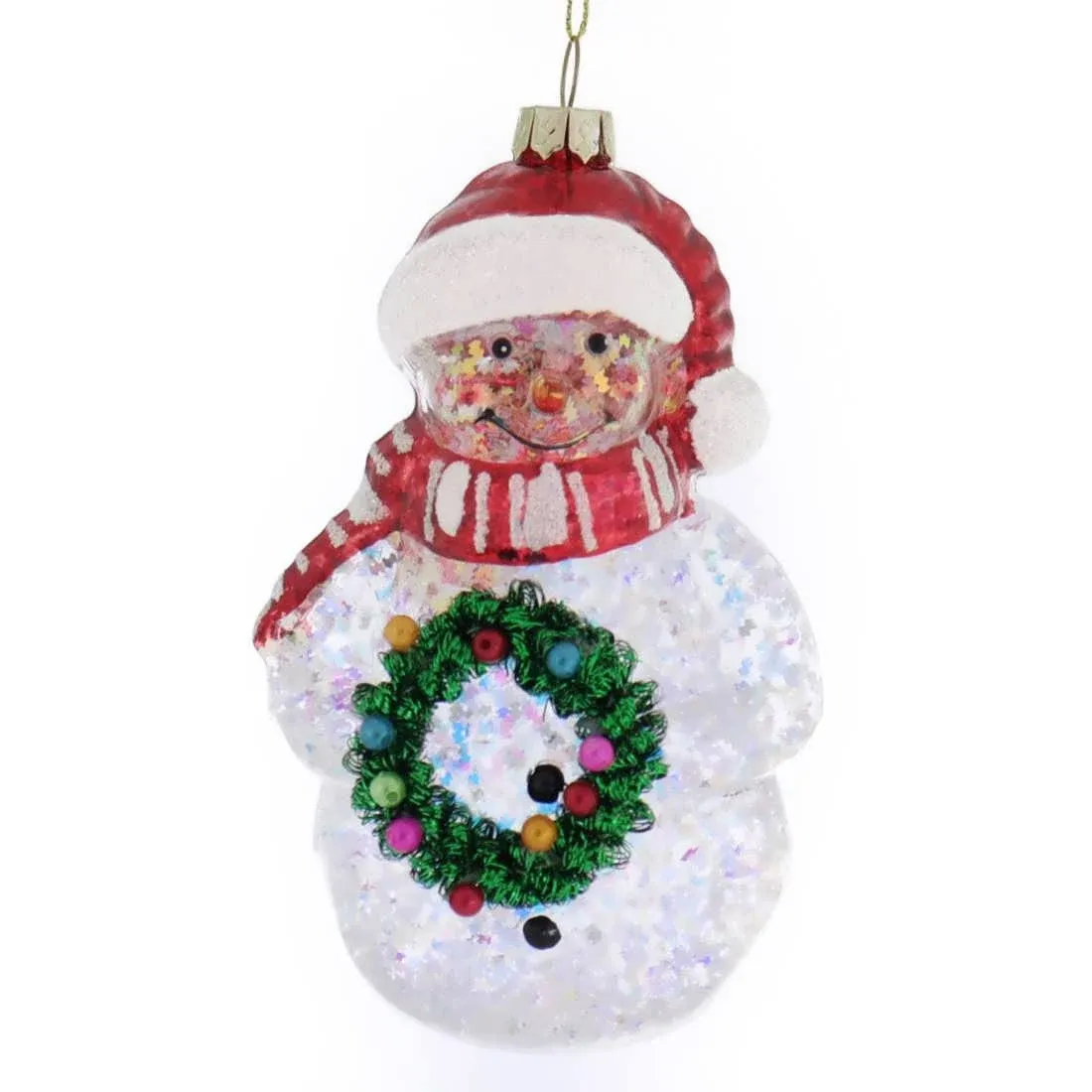 Glass red/green snowman with glitter/Santa hat/wreath & scarf 5.5"