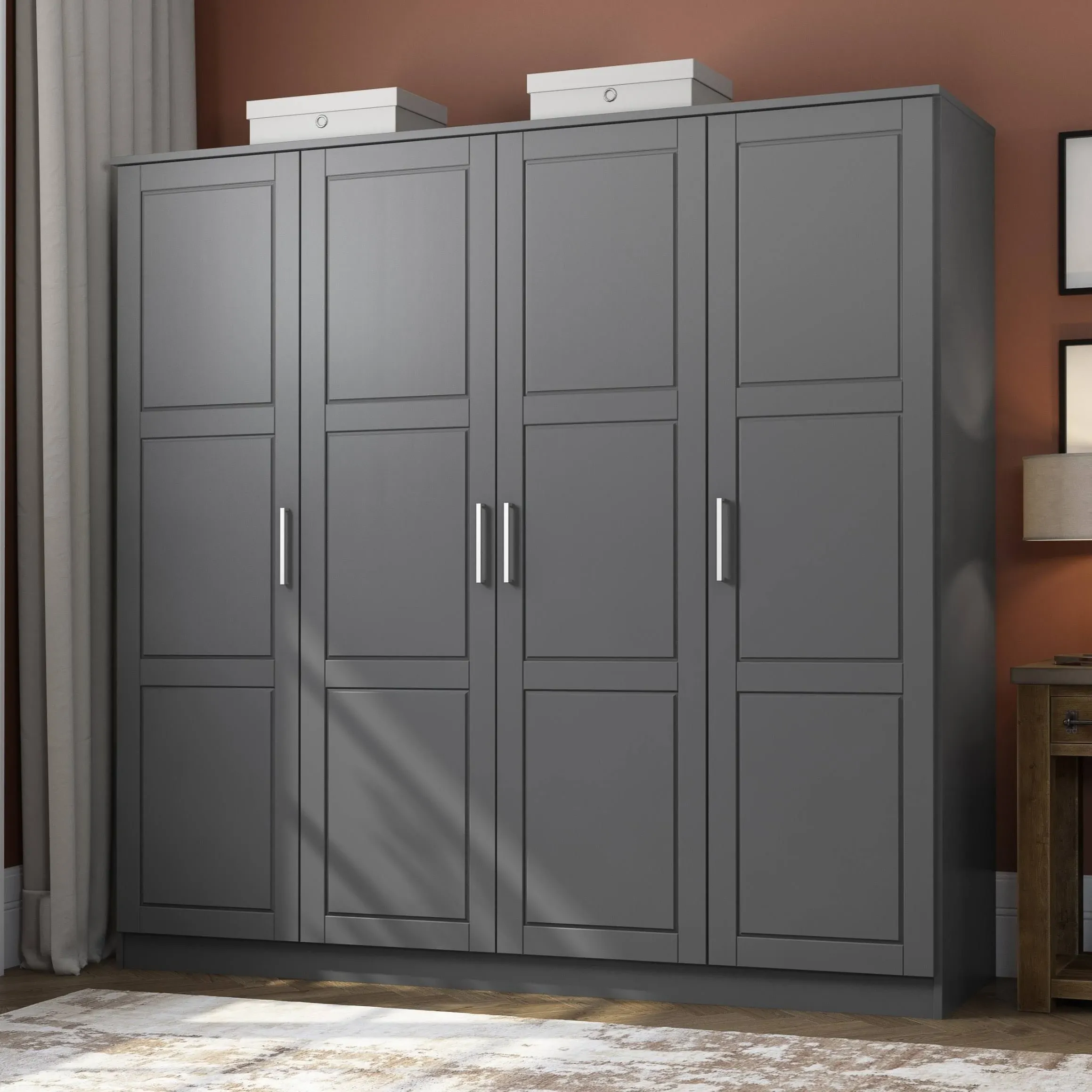 Palace Imports 100% Solid Wood Cosmo 4-Door Wardrobe with Solid Wood or Mirrored Doors