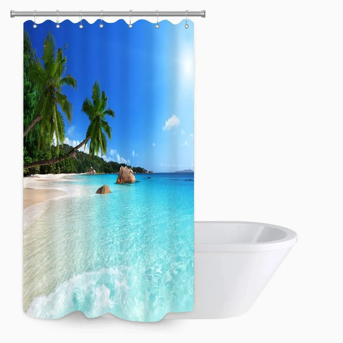 Ocean Beach Shower Curtain Blue Sky Sea Tropical Palm Trees Seaside Landscape Bath Curtain Waterproof Fabric Bathroom Décor 36x72 Inch Plastic Hooks 8PCS Ocean Green