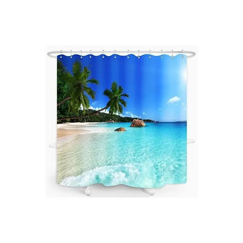 ZXMBF Ocean Beach Shower Curtain Blue Sky Sea Tropical Palm Trees Seaside ...