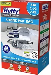 Hefty Shrink-Pak - 2 Medium, 2 Large, 2 XL Vacuum Seal Storage Bags – Space Saver Bags for Clothing, Pillows, Towels, or Blankets, 6 Pc Set