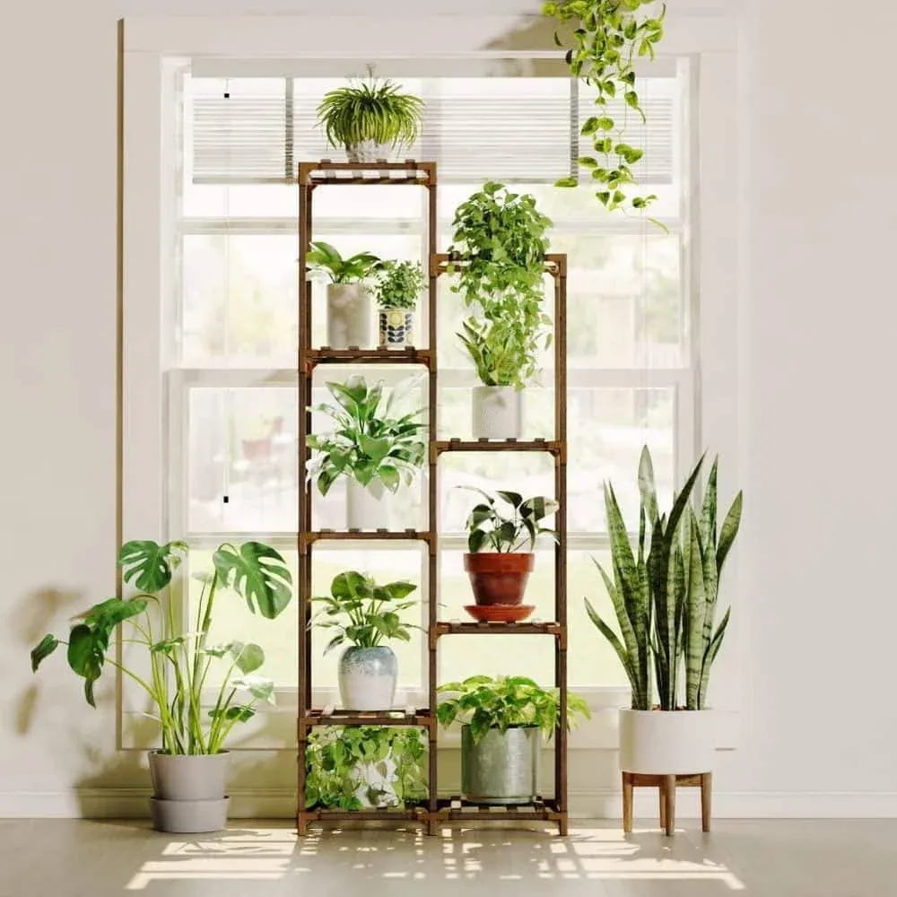 Bamworld Tall Plant Stand for Indoor Plants Outdoor Corner Plant Shelf Flower Stands for Living Room Balcony and Garden (9 Pots)