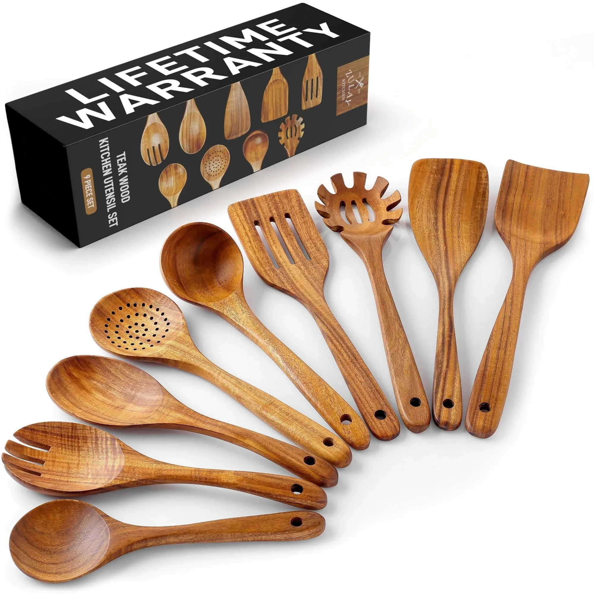 Zulay Kitchen Natural Teak Wooden Utensils for Cooking