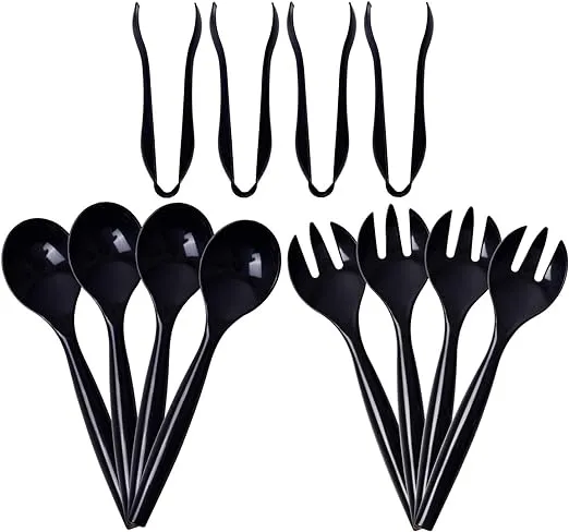 Supernal 72pcs Plastic Serving Utensils Heavy Duty Disposable Serving Tongs Black Disposable Serving Set 10" Spoons 10" Forks 6" Tongs Each 24pcs