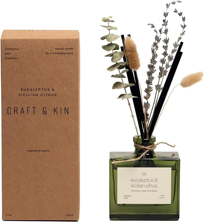 Craft & Kin Reed Diffuser Set with Flower for Home with Santal Woods Scent