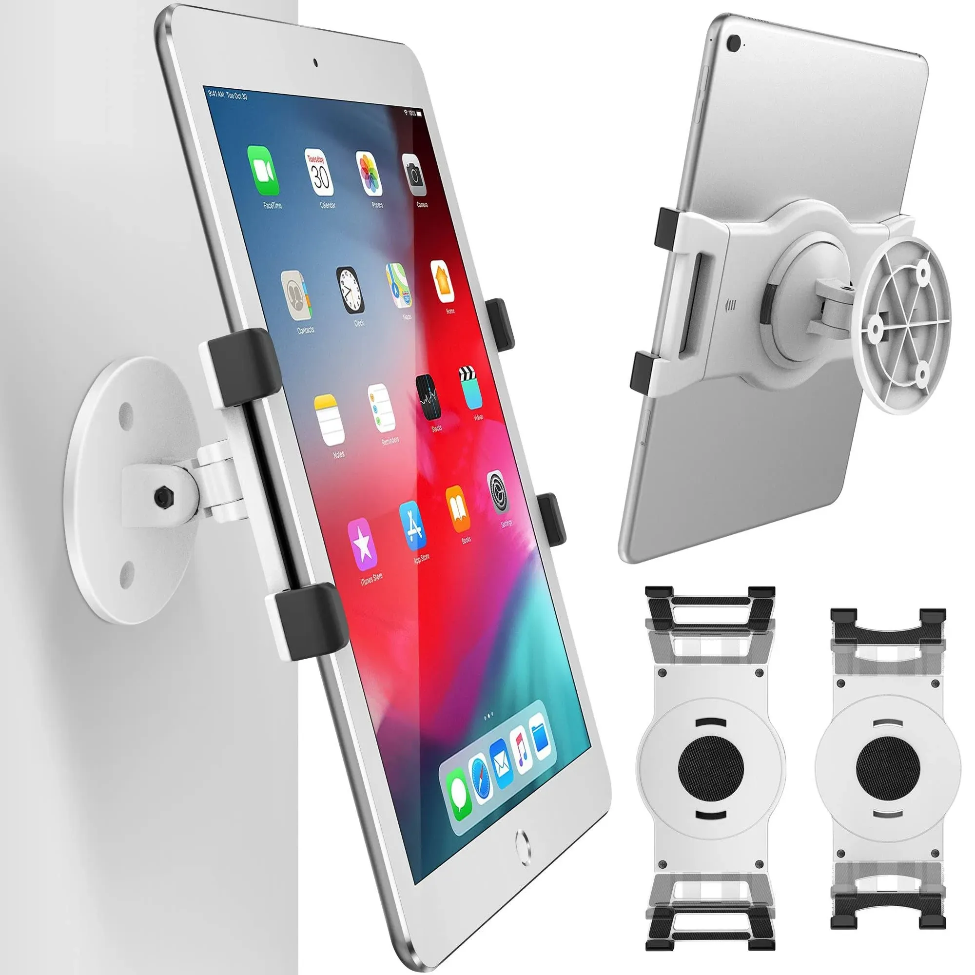 AboveTEK iPad Wall Mount, Swivel 360° Rotating Tablet Holder Two Brackets to Fit 6-13" Tablets, Horizontal/Vertical Tilt iPad Arm for Flexible Viewing Angles in Kitchen Showroom Retail Store(White)