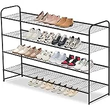 AOODA 4 Tier Long Metal Shoe Rack for Closet Wide Stackable Shoe Organizer for Entryway, Bedroom, Floor, Holds 30 Pairs Men Sneakers Large Shoe Storage Shelf with Wire Grid, Black