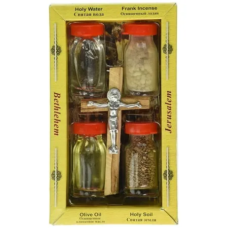 Holy Land Market Set 6 in 1 Olive Wood Cross Set with 4 Bottles - Anointing Blessed Oil, Jordan River Water, Holy Bethlehem Earth, Blessed Frankincense From Jerusalem and Wooden Rosary