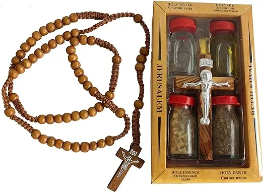 Holy Land Market Set 6 in 1 Olive Wood Cross Set with 4 Bottles - Anointing Blessed Oil, Jordan River Water, Holy Bethlehem Earth, Blessed Frankincense From Jerusalem and Wooden Rosary