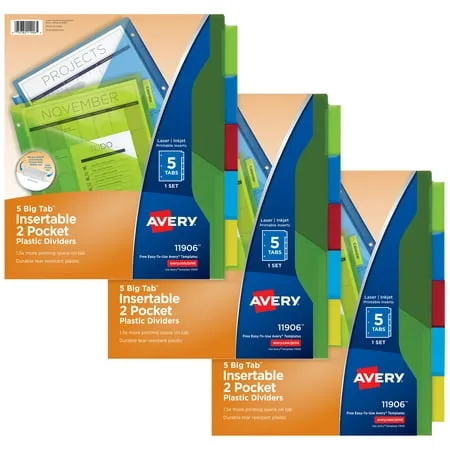 Avery 5-Tab Plastic Binder Dividers with Pockets, Insertable Multicolor Big Tabs, 3 Sets (11906)