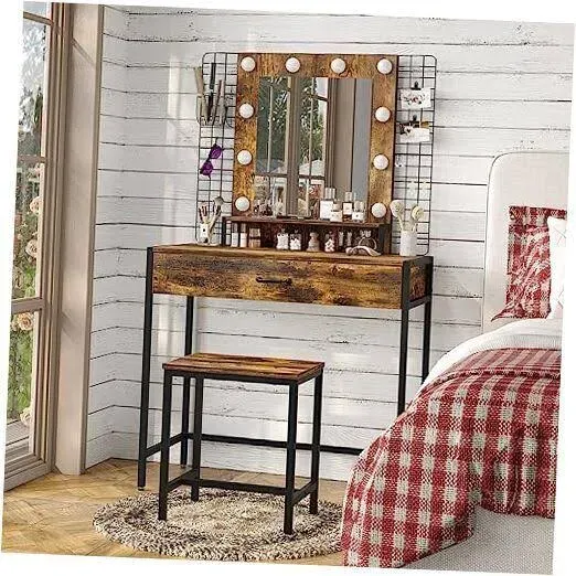 33" W Vanity Desk, Vanity Mirror With Lights And Table Set With 33"w