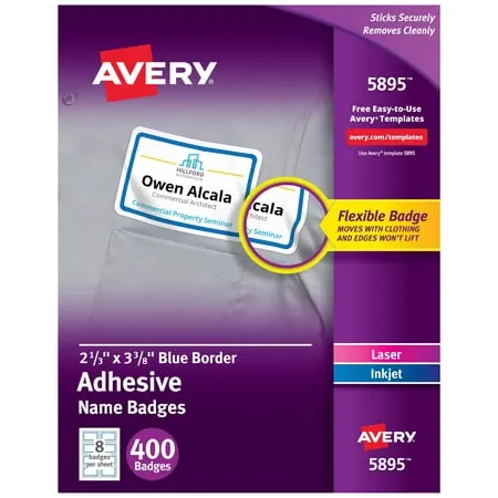 Avery Flexible Name Badge Labels, 2.33 x 3.38 in., Blue/White, 400 Count