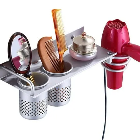 Multifunction Hair Dryer Stands TSV Wall Mounted Hair Dryer Holder Aluminum Bathroom Organizer Shelf with 2 Cups Hair Care and Styling Tool for Flat Iron Curling Wand