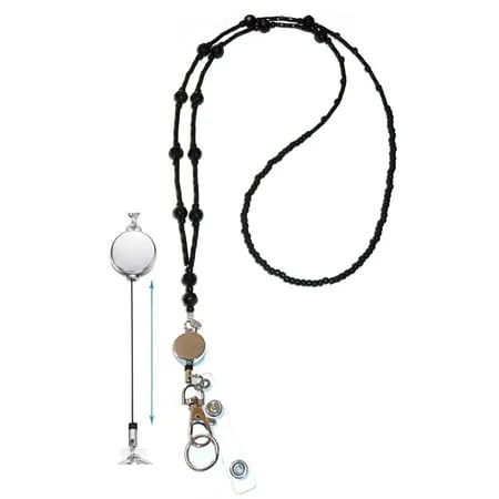 Retractable Badge Reel Simple Black Women s Slim Style Beaded Fashion Lanyard Necklace 34 Strong Jewelry Lanyard ID Holder Keys