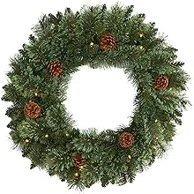 Nearly Natural 24in. White Mountain Pine Artificial Christmas Wreath with 35 LED Lights and Pinecones