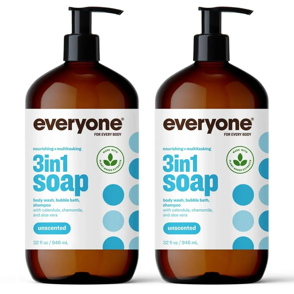 Everyone 3-in-1 Soap, Body Wash, Bubble Bath, Shampoo, 32 fl oz (Pack of 2), Unscented, Coconut Cleanser with Plant Extracts and Pure Essential Oils