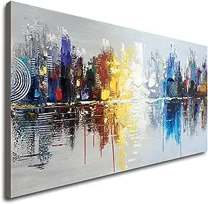 Hand Painted Cityscape Modern Oil Painting on Canvas Reflection Abstract Wall Art Decor (48 x 24 inch)