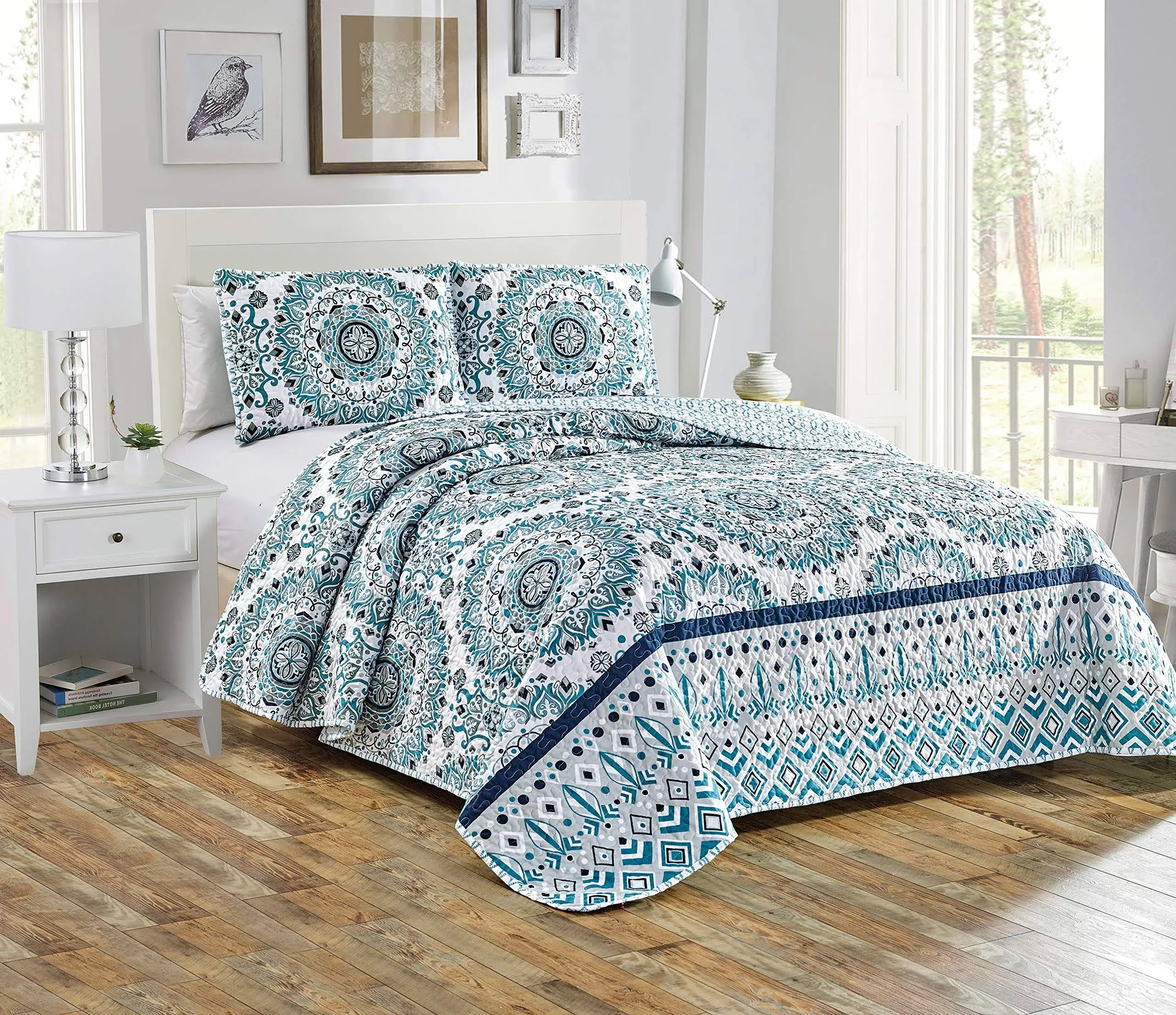 Home Collection 3pc King/Cal King Quilted Bedspread Set Floral Bedding Turquoise