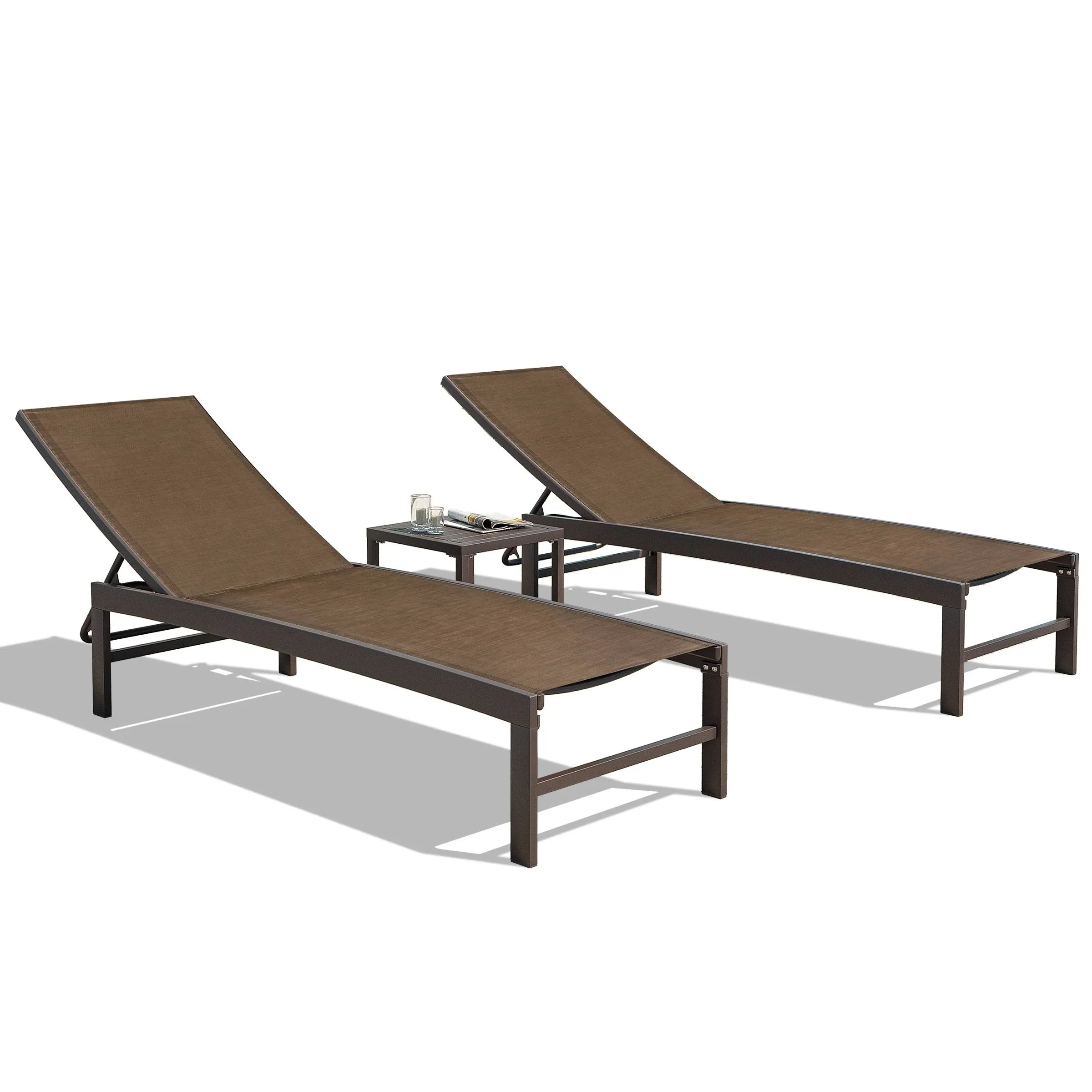 Crestlive Products Outdoor Aluminum Textilene Chaise Lounge Chairs and Table Set of 3 Brown Fabric, Brown Frame