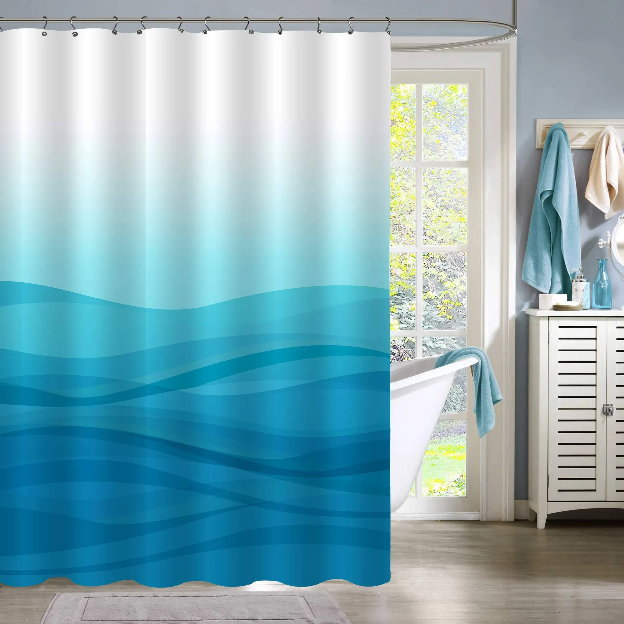 Blue Ombre Shower Curtain Set, Abstract Ocean Shower Curtain, Light Blue Striped