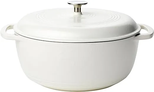 Amazon Basics Enameled Cast Iron Covered Round Dutch Oven, 7.3 Quart, Matte White