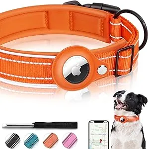 Reflective Padded Dog Collar with AirTag Holder Case - Adjustable Accessory Pet Collar for Small, Medium and Large Dogs