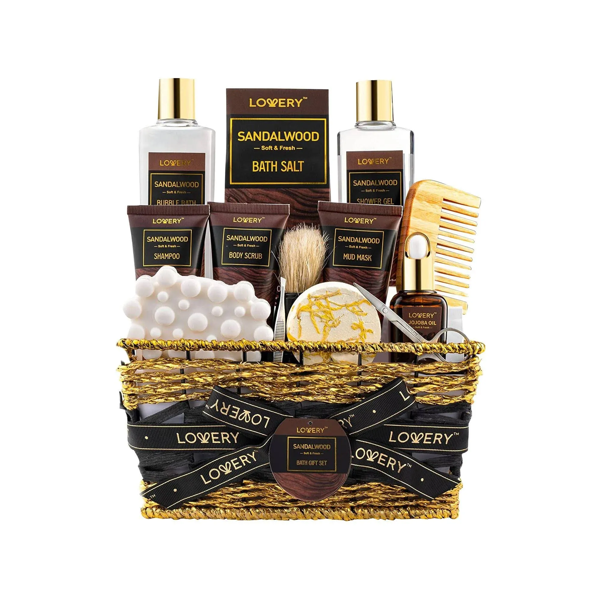 Mens Gift Set, 14pc Sandalwood Bath Gift Set, Personal Self Care Kit, Gifts from Son, Relaxing Man Gift Basket for Dad, Boyfriend, Husband - Birthday