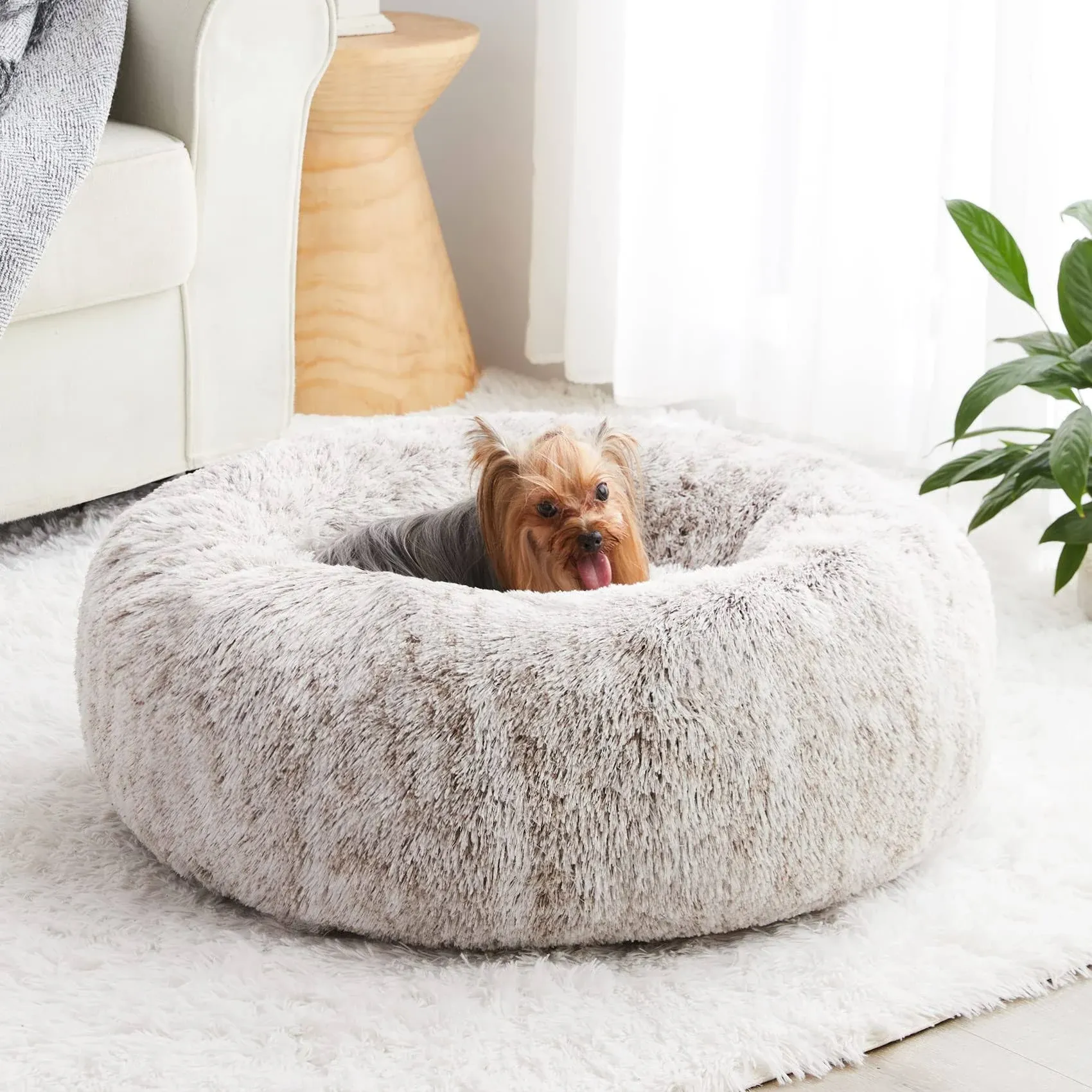 WNPETHOME Calming Dog Bed & Cat Bed,Small Dog Bed Donut Design Faux Fur Anti-Anxiety Dog Bed,Fluffy Pet Cushion Dog Bed for Small Dogs and Cats (20 x 20 inch, Light Coffee)