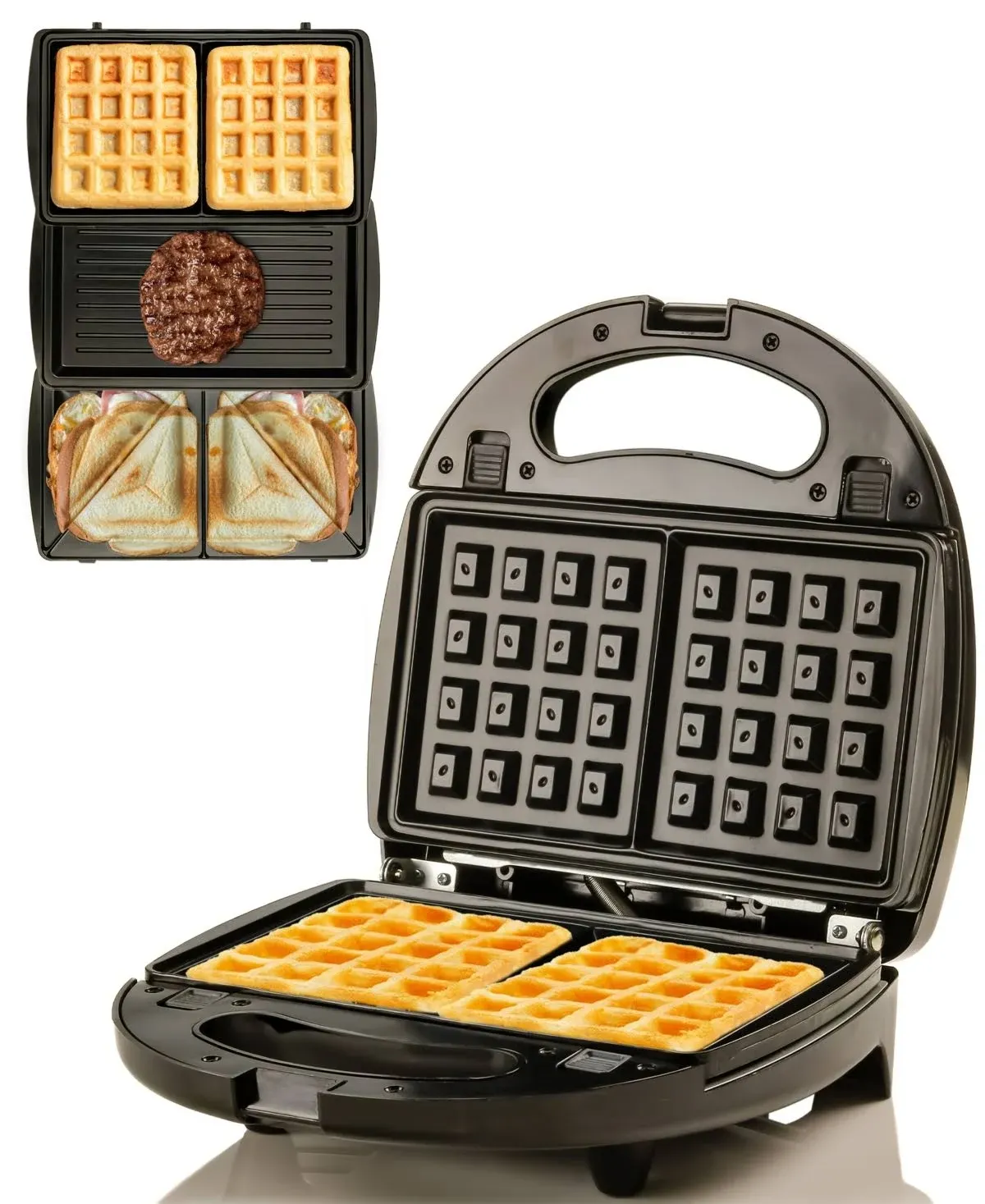 Ovente Electric Indoor Sandwich Grill and Waffle Maker Set with 3 Removable Non-