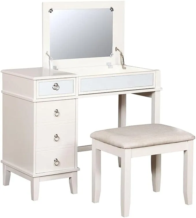 Linon Eva Wood and Mirrored Vanity Set in White