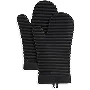 KitchenAid Ribbed Soft Silicone Oven Mitt Set, 7"x13", Onyx Black 2 Count