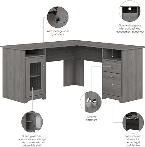 Cabot 60W L Desk with File Drawer, Box Drawer and Storage Cabinet in Modern Gray