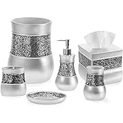 Creative Scents Silver Bathroom Accessories Set Complete - 6 Piece Mosaic Glass Bathroom Accessory Set Includes: Trash Can, Tissue Box Cover, Soap Dispenser, Toothbrush Holder, Soap Dish & TumblerCreative Scents Silver Bathroom Accessories Set C…