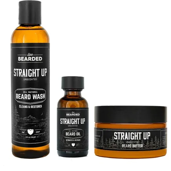 Live Bearded: 3-Step Beard Grooming Kit - Straight Up - Beard Wash, Beard Oil and Beard Butter - All-Natural Ingredients with Shea Butter, Jojoba Oil and More - Beard Growth Support - Made in the USA