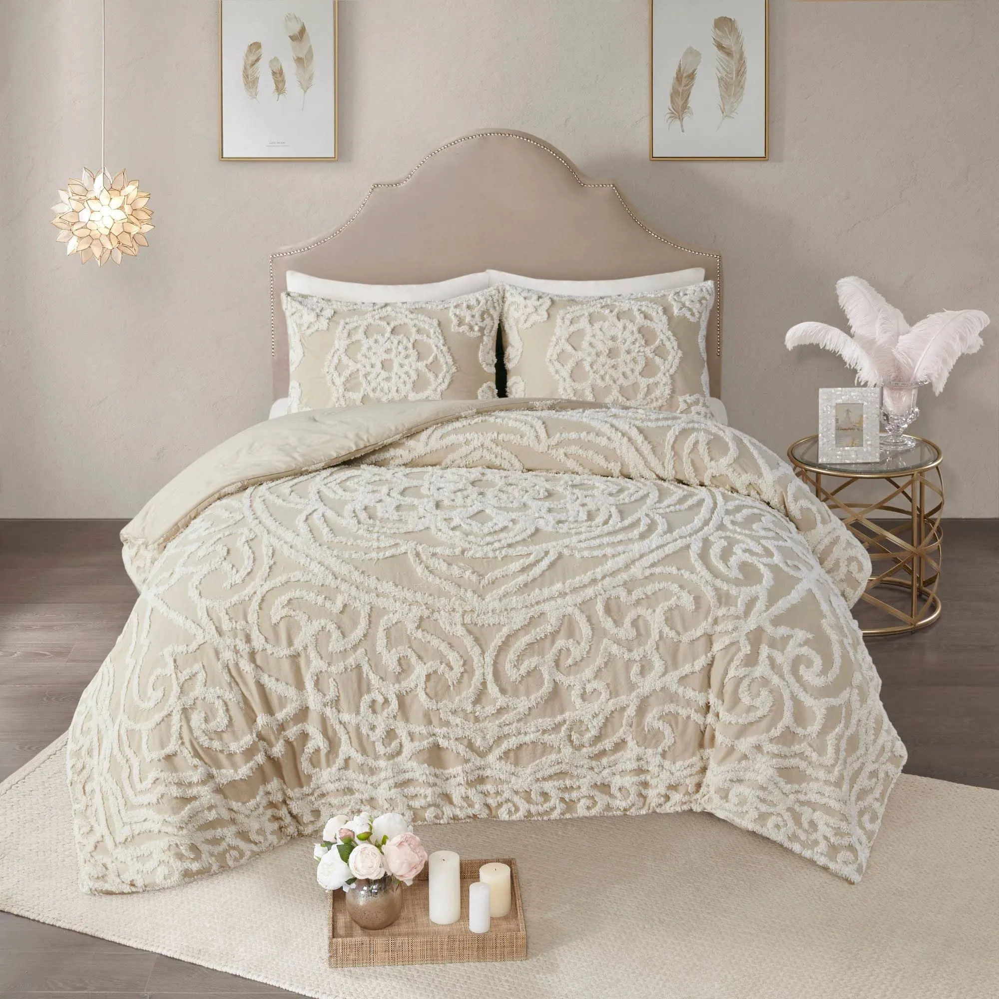 Madison Park - Laetitia Tufted Cotton Chenille Medallion Comforter Set - Full/Queen - Taupe