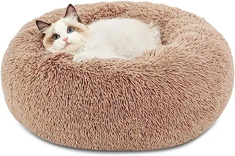 Bedsure Calming Cat Beds for Indoor Cats - Small Cat Bed Washable 20 Inches, Anti-Slip Round Fluffy Plush Faux Fur Pet Bed, Fits Up to 15 lbs Pets, CA