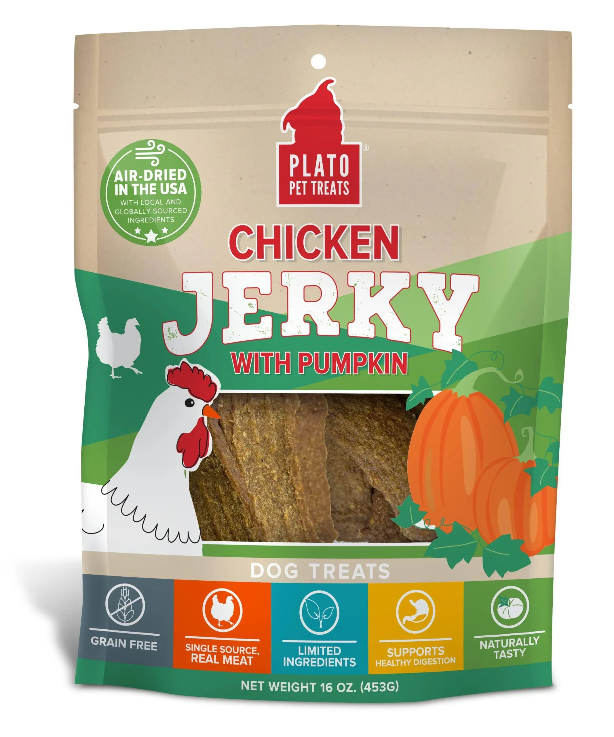 Plato Chicken Jerky with Pumpkin Dog Treats 16 oz.