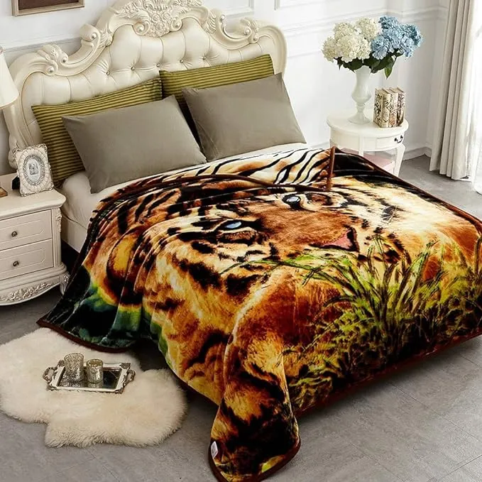 2 Ply A&B Printed Raschel Bed Blanket Korean Style Mink Blanket - Brown Tiger