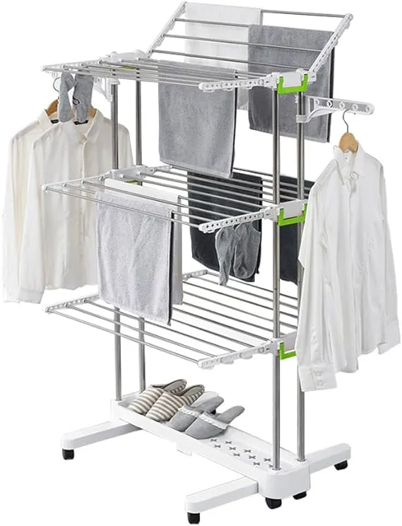 BR505 3-Tier Collapsible Clothes Drying Rack with Casters, Laundry Drying Rack, Stainless Steel Hanging Rods, Indoor & Outdoor Use